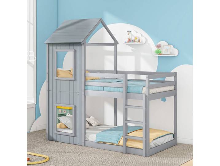Lit superposé enfant - MODERNLUXE - 90x200 cm - Bois massif - Gris - 2 places