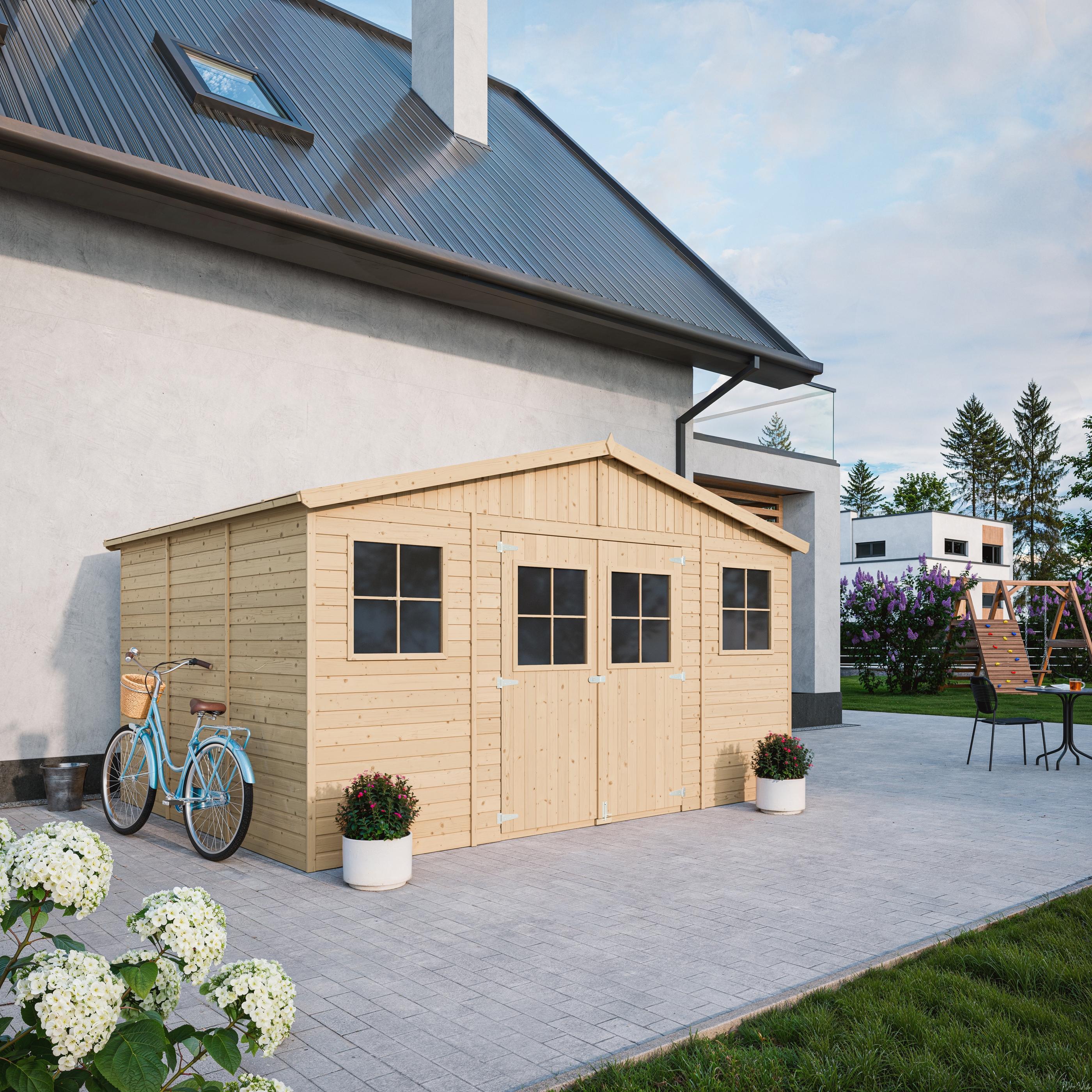 Holz Gartenschuppen - Abstellkammer mit Fenstern - H246 x 418 x 320 cm/ 12 m² Naturholz-Shiplap-Schuppen - Gartenwerkstatt
