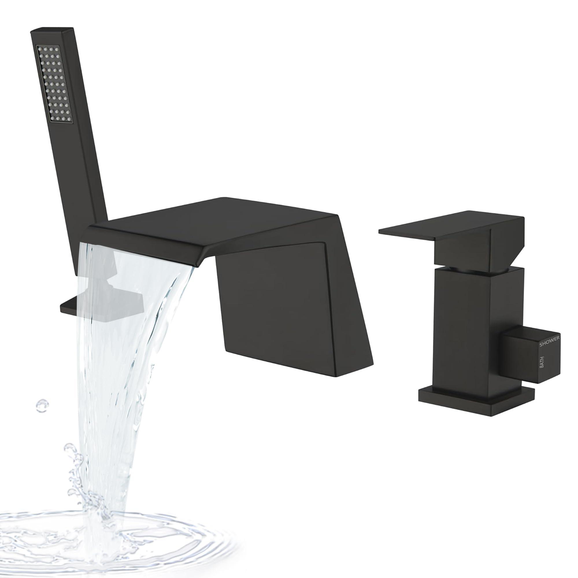 Wasserfall-Badkraan mit Handbrause, 3-Loch, Mattschwarz