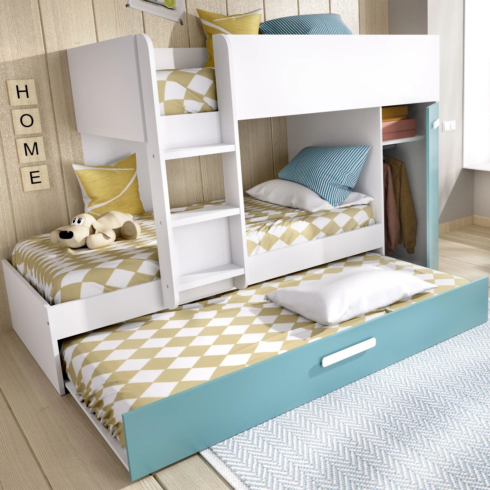 garneroarredamenti Cameretta bambini 244x112cm 3 letti soppalco reversibile bianco turchese Damian