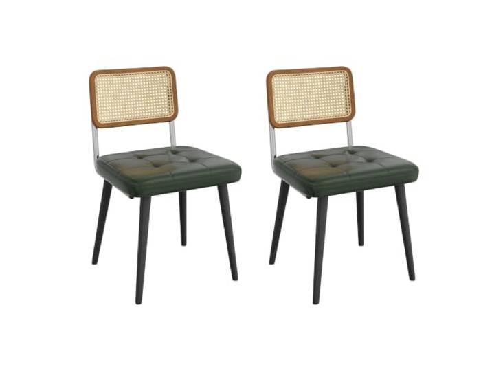 IDEALHOUSE 2er Set Rattan Esszimmerstühle Set mit Metallbeine Gepolstert mit PU-Leder, Moderne Küchenstühle im Mid-Century-Stil, ohne Armlehnen