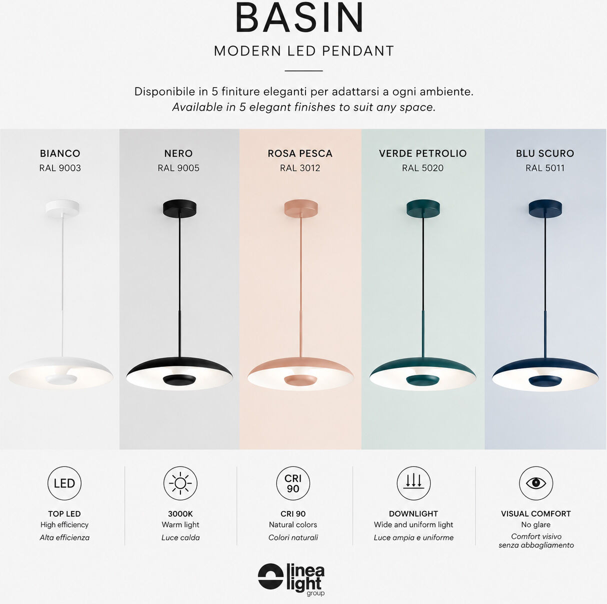 Linea Light Basin Ca070dwhwdi – Sospensione Led Moderna Bianca Ø48,3 Cm 3000k