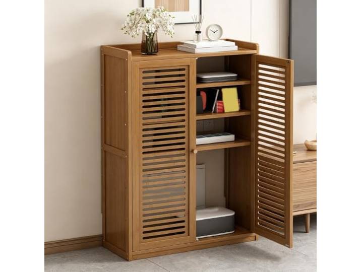 ZCQMSCWW Stereo-Schrank, Massivholz-Audio-Ständer mit Verstellbarem Regal Natürlicher Bambus, Werkzeuglose Montage, Kabelmanagement, Mehrstufige Medienaufbewahrung, Wohnzimmer
