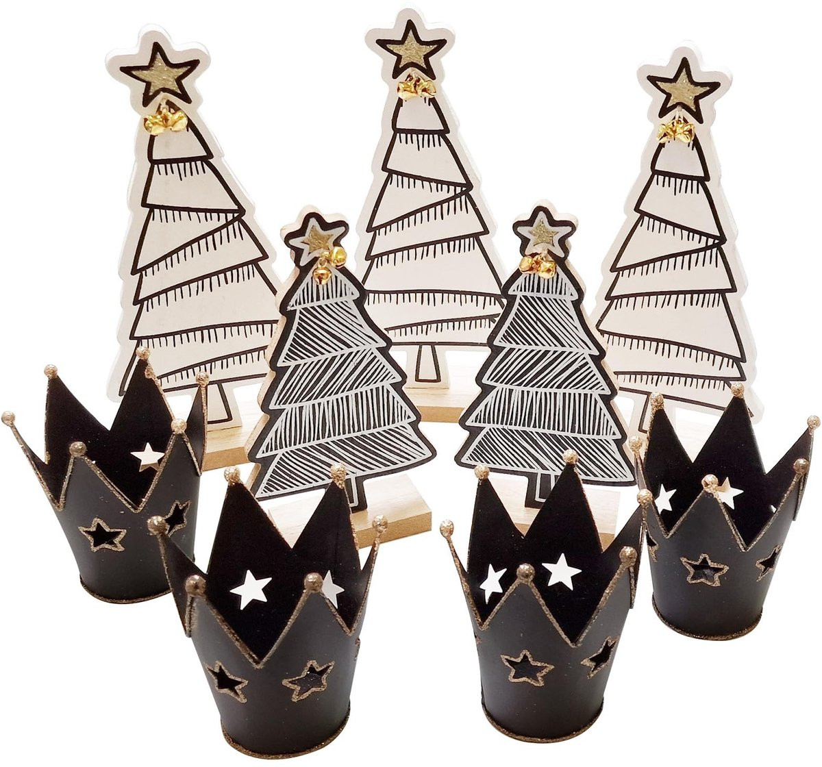 Kerstdecoratieset met houten kerstbomen en theelichthouders