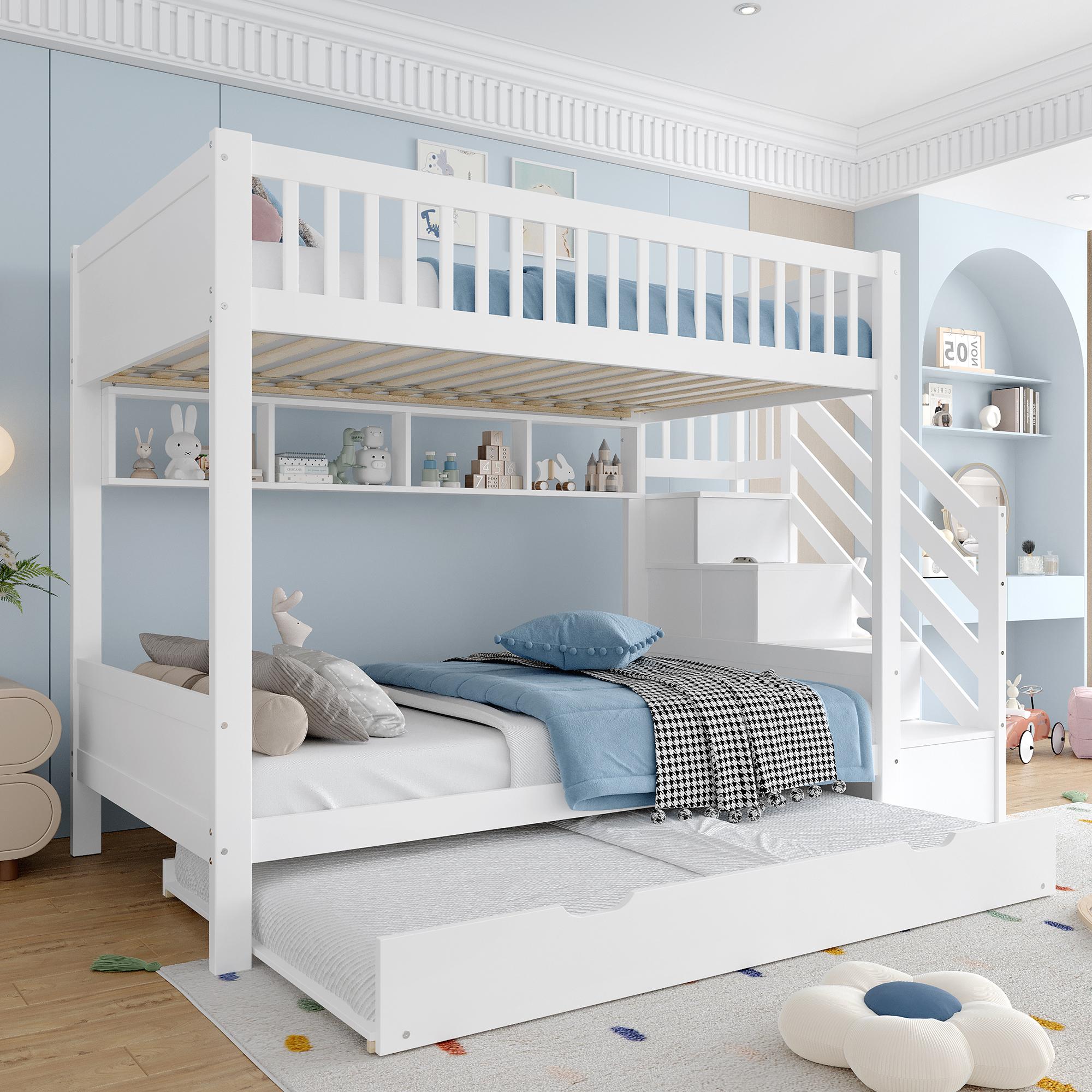 Etagenbett, Kinderbett mit Ausziehbett, Regal, Kleiderschrank und Staufach, Weiß, 90x200cm