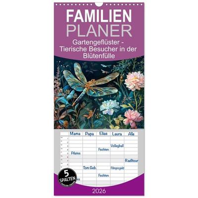 Familienplaner 2026 - Gartengeflüster - Tierische Besucher in der Blütenfülle mit 5 Spalten (Wandkalender, 21 x 45 cm) CALVENDO