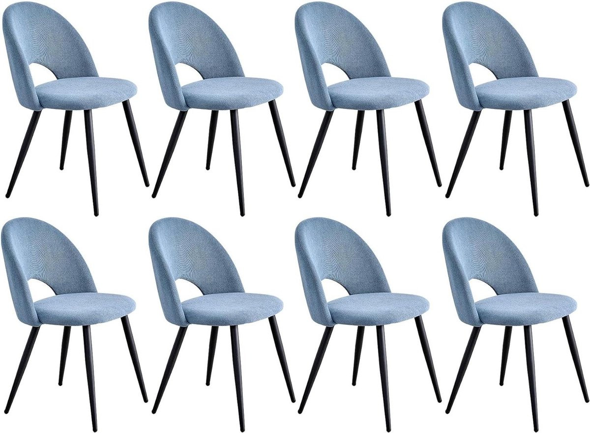 Set van 8 blauwe fluwelen eetkamerstoelen met gewatteerde rugleuning