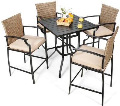 Costway 5 Pieces Outdoor Rattan Bistro Bar Stool Table Set with Cushions