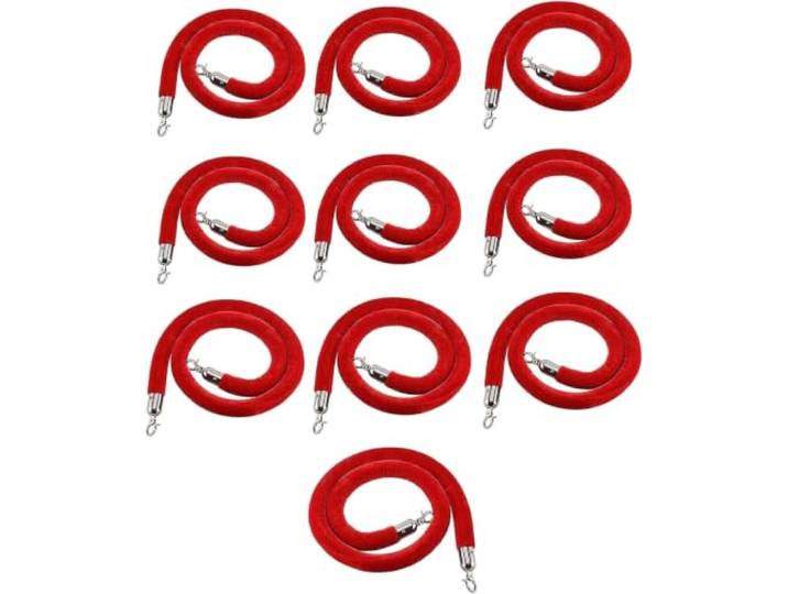 Rotes Samt-Absperrseil 32 mm mit Edelstahl-Karabinerhaken für Pfosten Rotes Samt-Absperrseil mit Schaumstoffkern und Edelstahlhaken für Pfosten, Hotellobbys, Banken, Bars und VIP-Bereiche