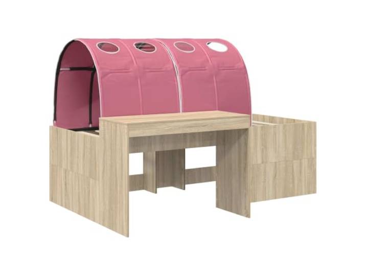KTHLBRH Bett mit 3 Teilen, handwerkliche Eiche und Rosa Technisches Holz, Details aus Mikrofaser, Lattenrost, modernes Design