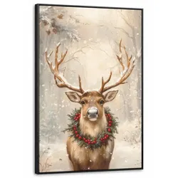 LEINWAND Bilder mit Rahmen - Weihnachten - Rentier - Winter - Kranz - 80x120