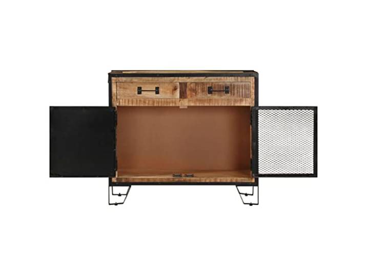 KTHLBRH Sideboard 80 x 31 x 71 cm Massivholz Mango roh Handarbeit, 1 Stahltür, 1 Netztür, 2 Schubladen, Industrie-Stil