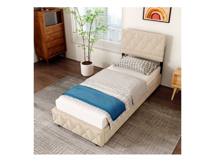 MODFU Polsterbett Schlichtes Design, Komfortbett mit Stauraum (Ausgezeichnete Atmungsaktivität, 90x190 cm, Beige, ohne Matratze), inkl. Lattenrost, praktischer Bettkasten