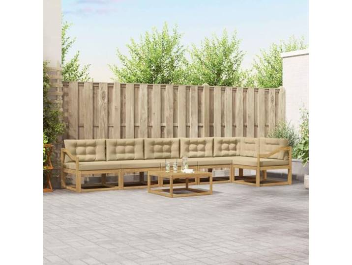 RJPLMFV Ecksofa für den Außenbereich, 7-teilig, weiß, beige, Holz, Akazienholz
