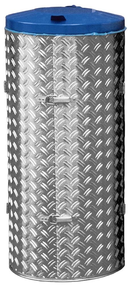 Kompakter Abfallsammler mit Türe | 120 Liter, HxBxT 99x43,5x43,5cm | Edelstahl | Alu-Duett-Blech | Deckel blau