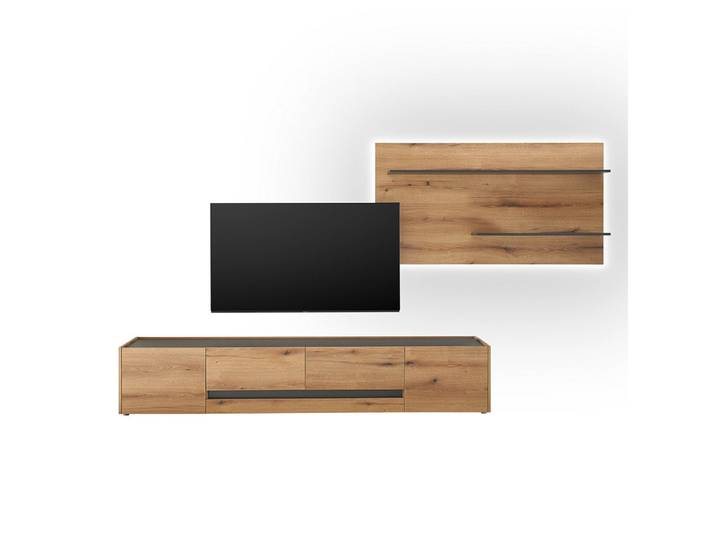 Lomadox Wohnwand CRISP-61, (2-St., Wandpaneel Beleuchtung Lowboard), in Eiche Nb. mit anthrazit, inkl. LED-Beleuchtung