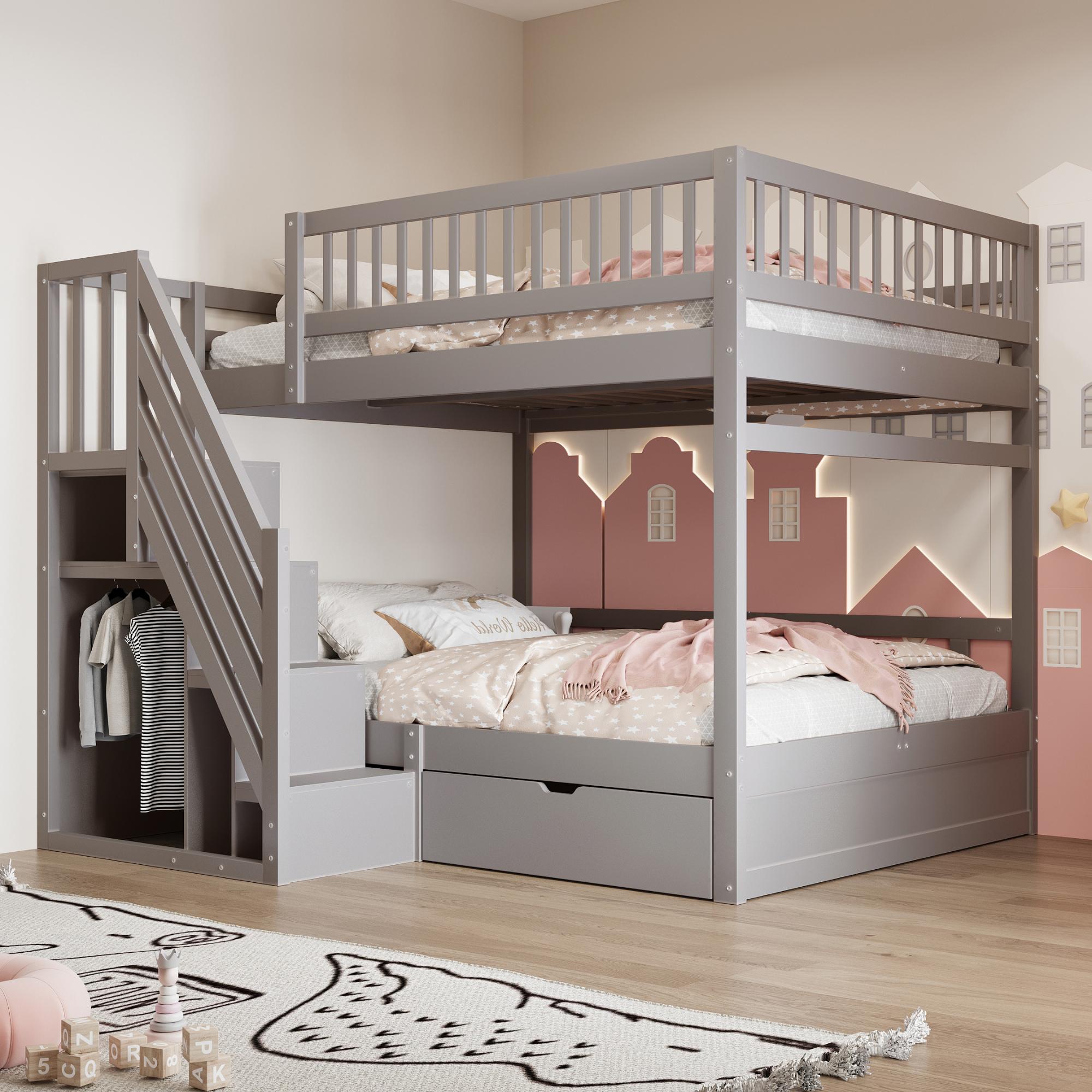MODFU Etagenbett mit einer Matratze 140×200 mit Hohem Sicherheitsgitter Kinderbett mit Lattenrost&Stauschubladen,Doppelbett mit Sicherheitsleiter mit Stauraum,Grau