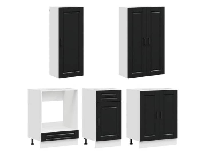 KTHLBRH Unita Küche PORTO 5 Stück Schwarz Holz Engineered Unterschrank 60 x 46 x 81,5 cm, Wandschrank 40 x 31 x 100 cm, verstellbare Füße, Wandbefestigung