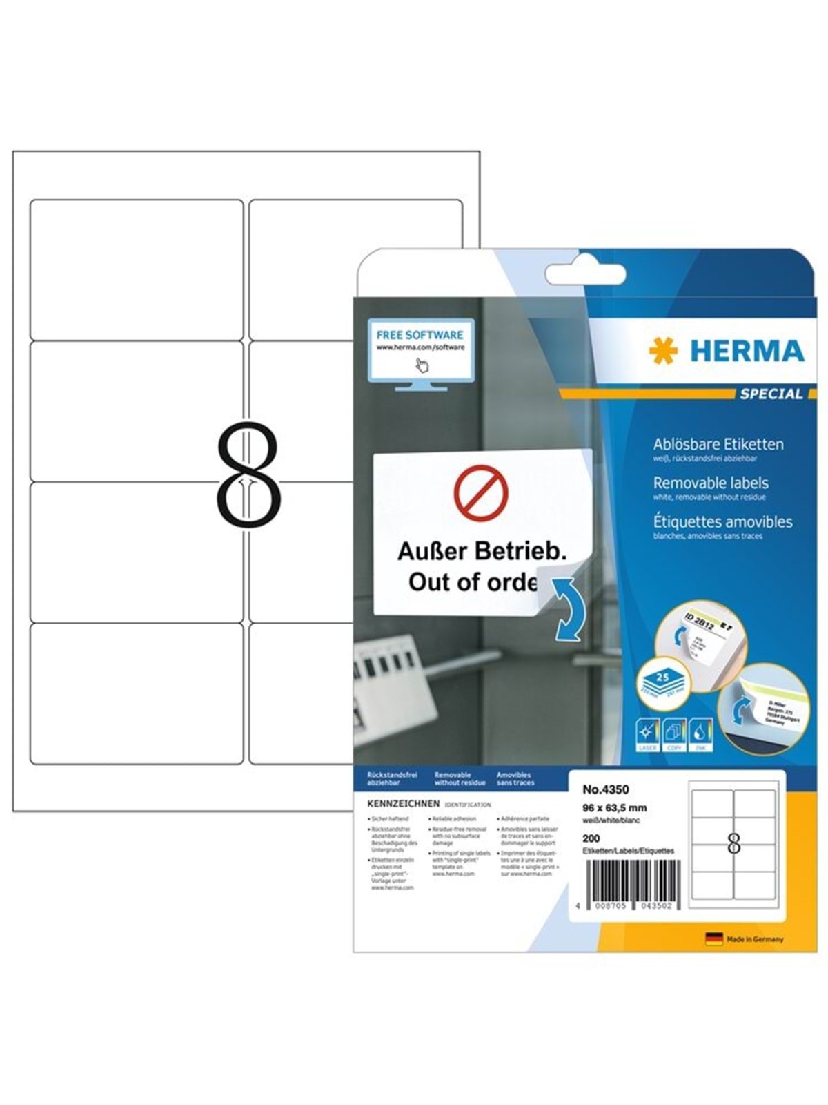 HERMA Ablösbare Etiketten A4, 96 x 63,5 mm, weiß