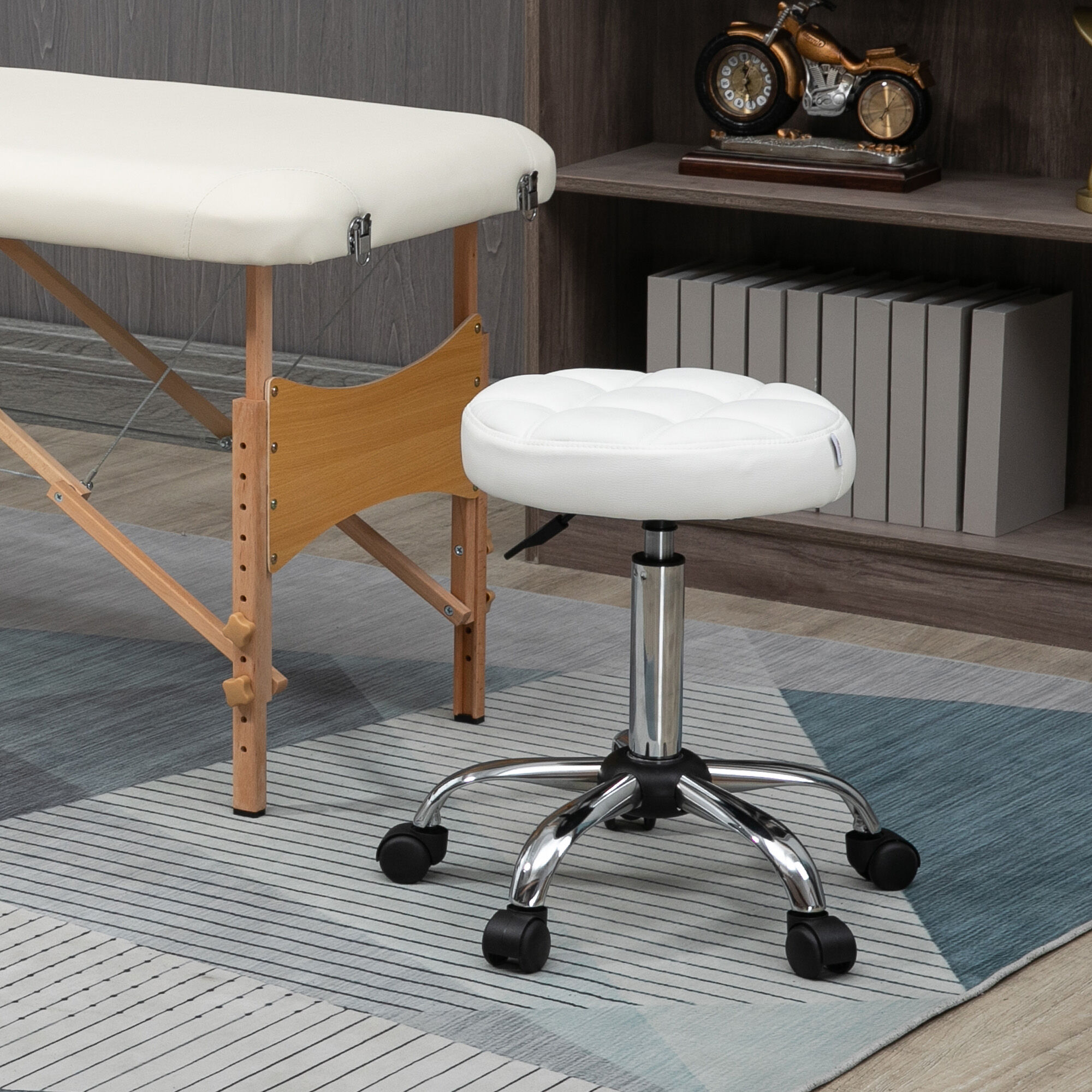 Altro Sgabello Girevole Rotondo Con Ruote, Altezza Regolabile E Rivestimento In Finta Pelle, Bianco