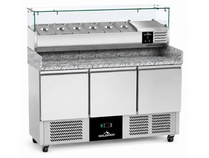 Meuble à pizza réfrigéré 3 portes compact avec vitrine à ingrédients (6x GN1/4) PREMIUM - GOLDINOX