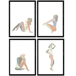 POSTER Set mit 4 Pastelltönen weibliche Figuren Frauen posieren A3 Schwarzer Rahmen
