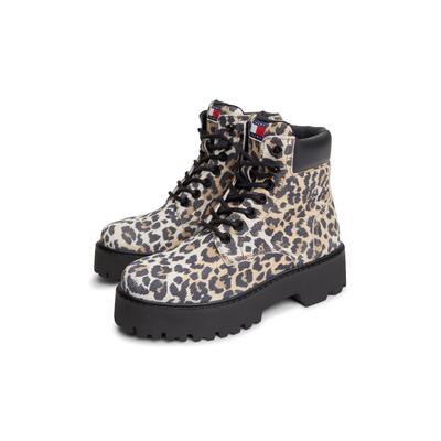Schnürboots TOMMY JEANS "TJW PLATFORM CHEETAH BOOTS", Damen, Gr. 38, braun (geparden, druck), Nappaleder, Veloursleder, Schuhe Schnürboots, Blockabsatz, Plateau, Stiefelette im coolen Geparden-Look