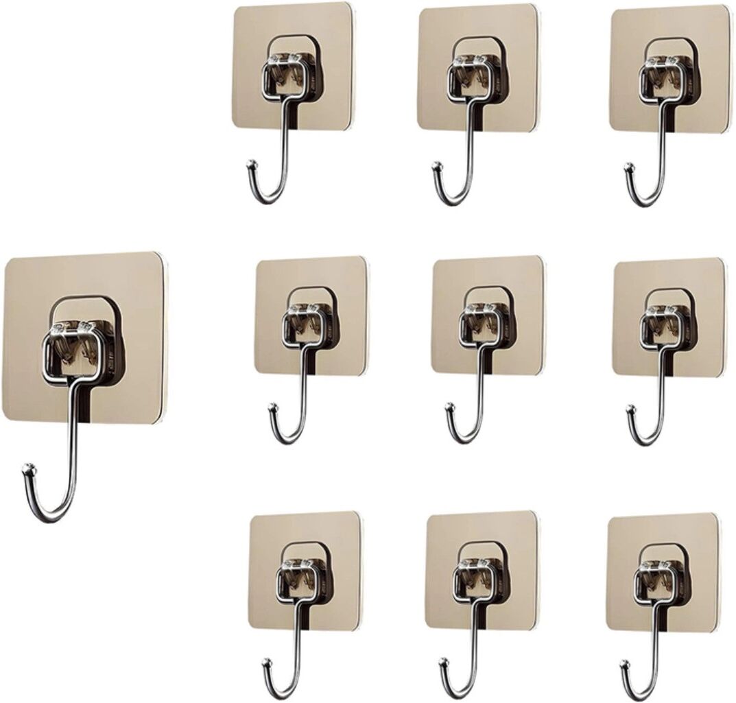 INF Großer Haken 7x7cm (10er Pack) - PVC-beschichteter Edelstahl in Gold, Universalhaken für Glas, Spiegel, Tür, Kleiderschrank