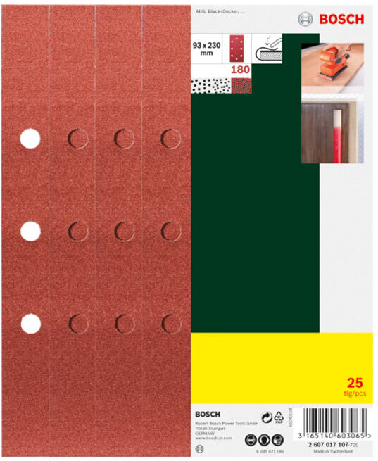 Set de 25 feuilles abrasives pour ponceuse vibrante, fixation par étrier, grain 180 ; Bosch (2607017107)