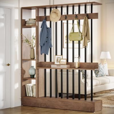 Bluebell 71-Inch Freestanding Wall Room Divider with Open Shelves and Coat Hooks, Modern Wood Partition Bookcase