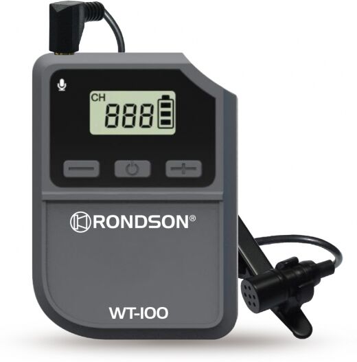 Boîtier Emetteur Rondson WT-100T Un boîtier émetteur avec micro-cravate au format compact – idéal pour les visites guidées.