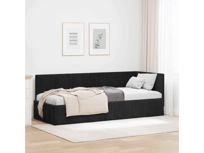 YUTAASU Eckbettgestell Mit Kopfteil Schwarz 80x200 cm Samt L-Form Platzsparend, Sperrholz Konstruktion, Flexibel Montierbar, Modernes Design