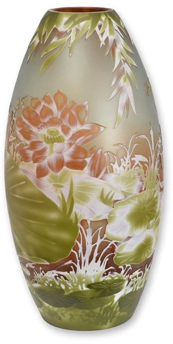 VntiQue Glazen Vaas met Lelie Vijver - Handgemaakte decoratieve Cameo vaas in Art Nouveau stijl - Hoogte: 41 cm
