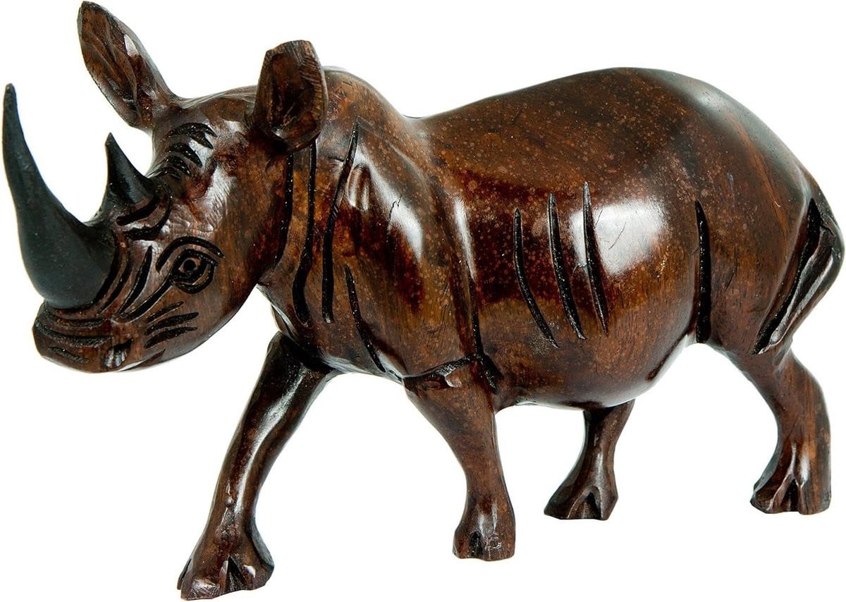 Handgesneden Houten Neushoorn Figuur - Donkerbruin - Afrikaanse Decoratie voor op Tafel