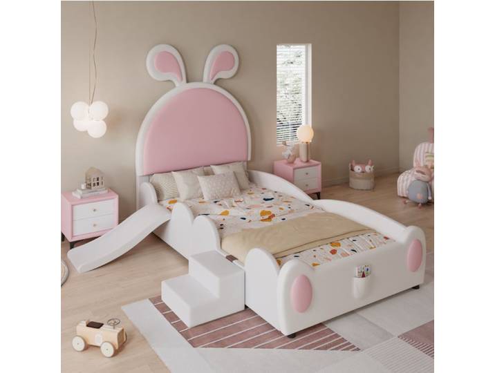 Lit enfant rembourré 90 x 200 cm en PU blanc et rose tête de lit oreilles de lapin toboggan et marche