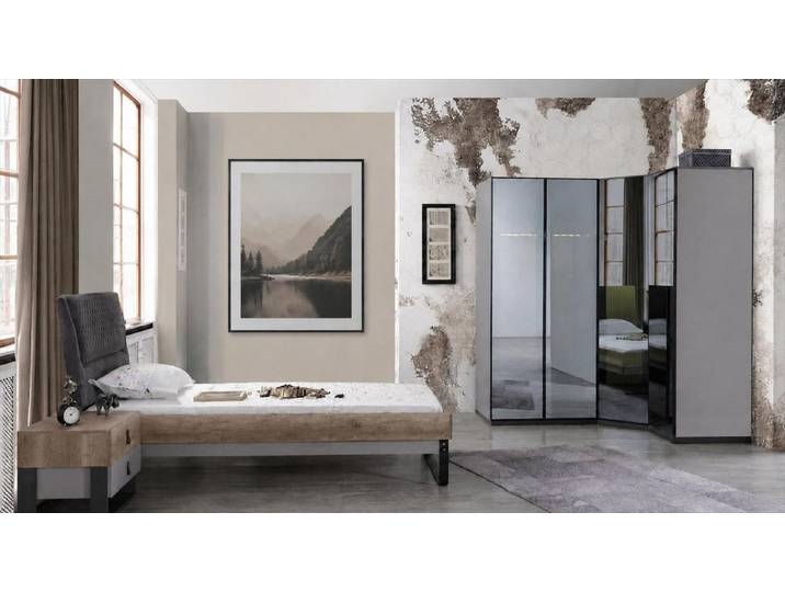 JVmoebel Jugendzimmer-Set Schlafzimmer Set Bett Kleiderschrank Nachttisch Grau Design, (Schlafzimmer-Set, 4-tlg., 3-tlg)