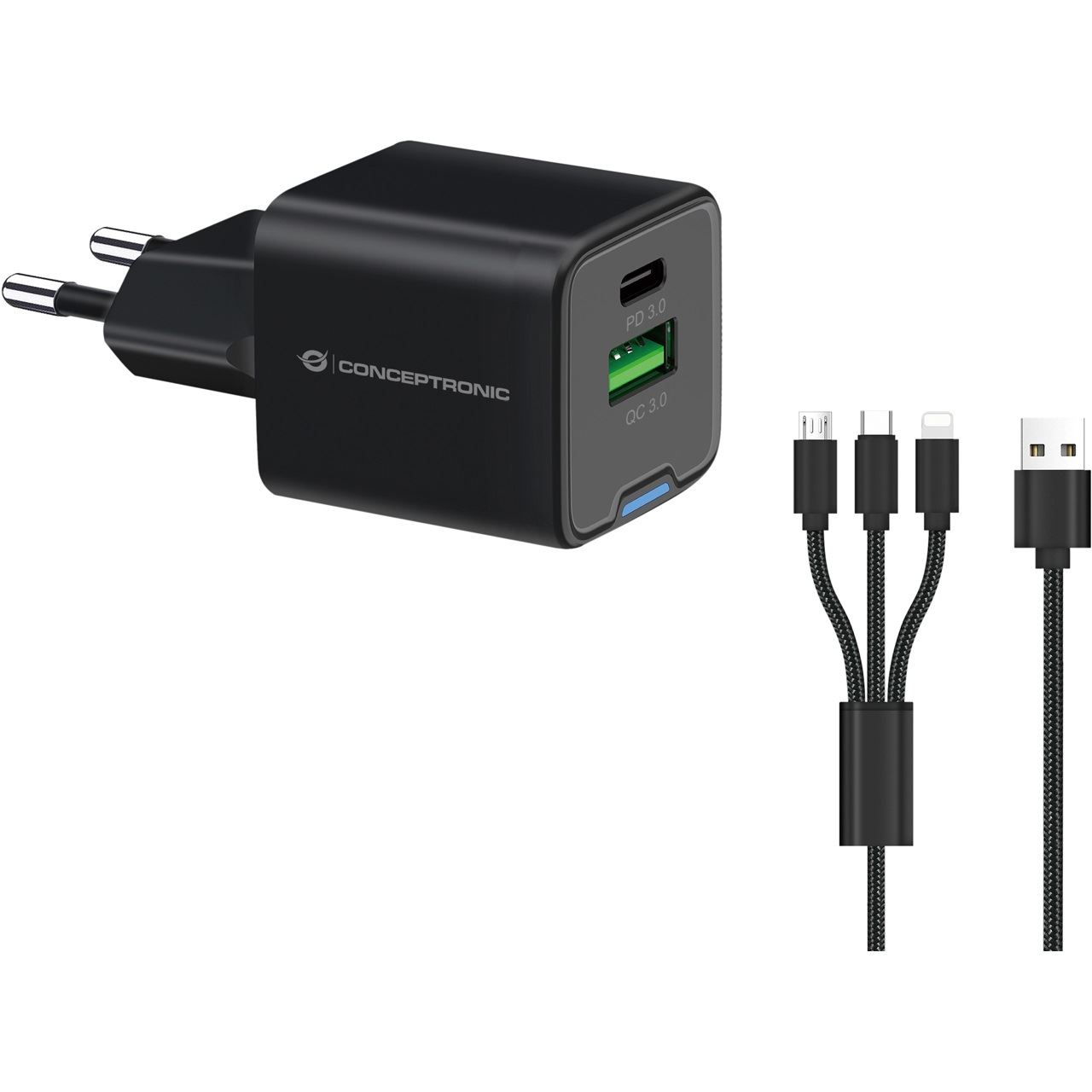 33 Watt Conceptronic Ladegerät 2Port 1xUSB-C,1xUSB-A +3-in-1 schwarz