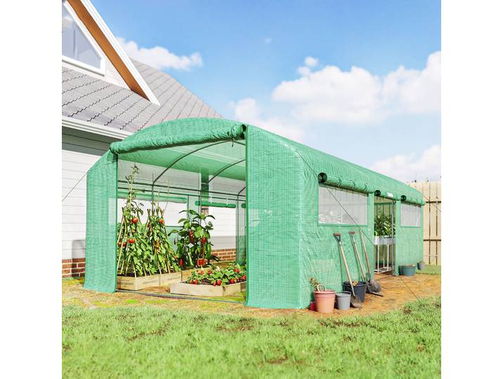 Outsunny Serre Tunnel 6x3x2m Vert Acier Galvanisé 3 Portes