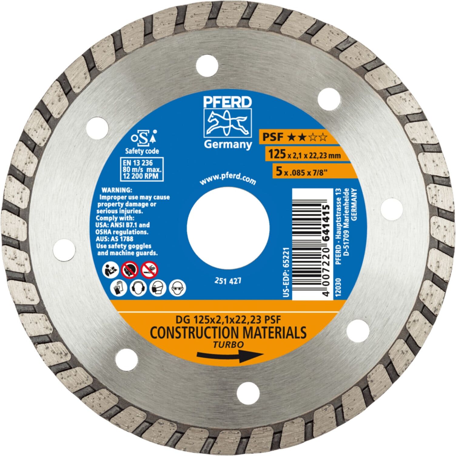 PFERD TOOLS Diamant-Trennscheibe DG 125x2,1x22,23 mm PSF z. Trennen v. Stein/Beton,hohe Schnittqualität (68012222)