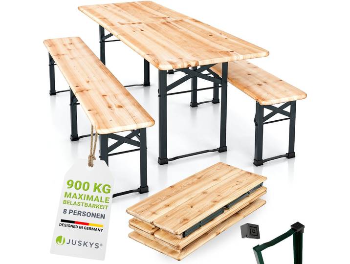 Juskys Bierzeltgarnitur 3-teilig Biertischgarnitur mittig klappbar 220 cm - Gartenmöbel Set aus Tannenholz Biertisch Bierbänke Festzeltgarnitur Natur