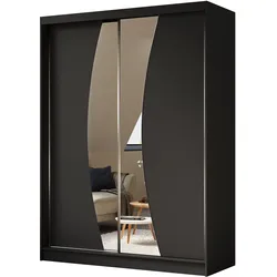 KLEIDERSCHRANK mit Spiegel-Schiebetüren und Aluminium-Leisten, LED-Beleuchtung - VOXI - 160 cm Schwarz