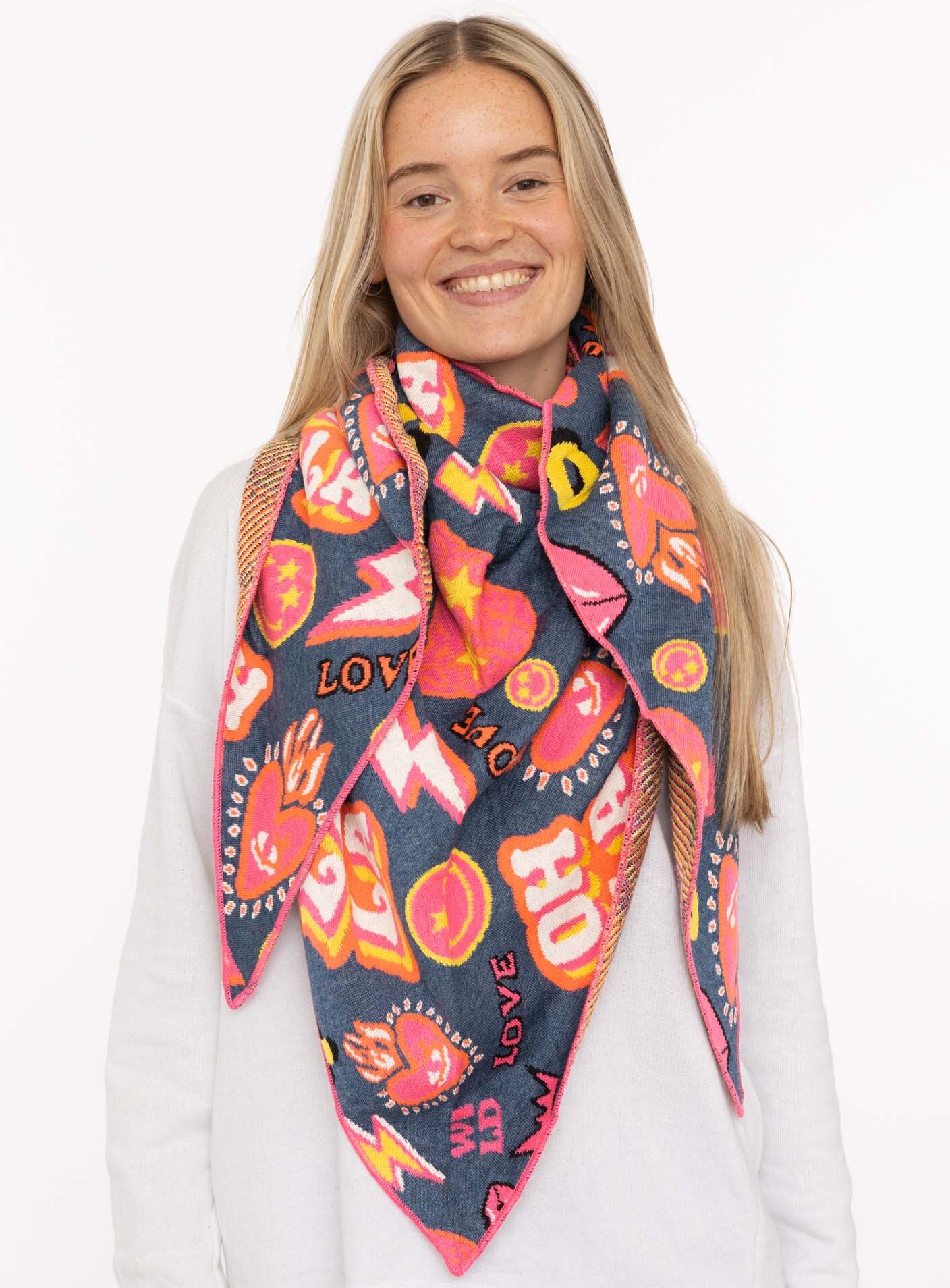 Dreieckstuch ZWILLINGSHERZ "OOPS", Damen, bunt (blau bunt), Strick, Materialmix, gemustert, mehrfarbig, Modetücher Dreieckstuch, Statement Muster, Strick, wärmend blau bunt Einheitsgröße