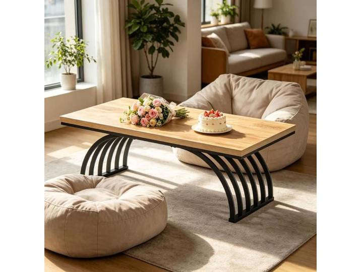 Table basse - ZEVKOR - Rectangulaire - 120×60 cm - Structure métal renforcé - Plateau bois laqué