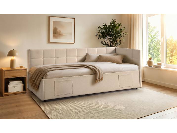 Daybett GOODPRODUCT MALIKA , creme, creme, B:211cm H:83cm L:101cm, 100% PES, Daybetten, Daybett, mit Stauraum/Magazinfächern, inkl. Gasdruck unterstütztem Lattenrost