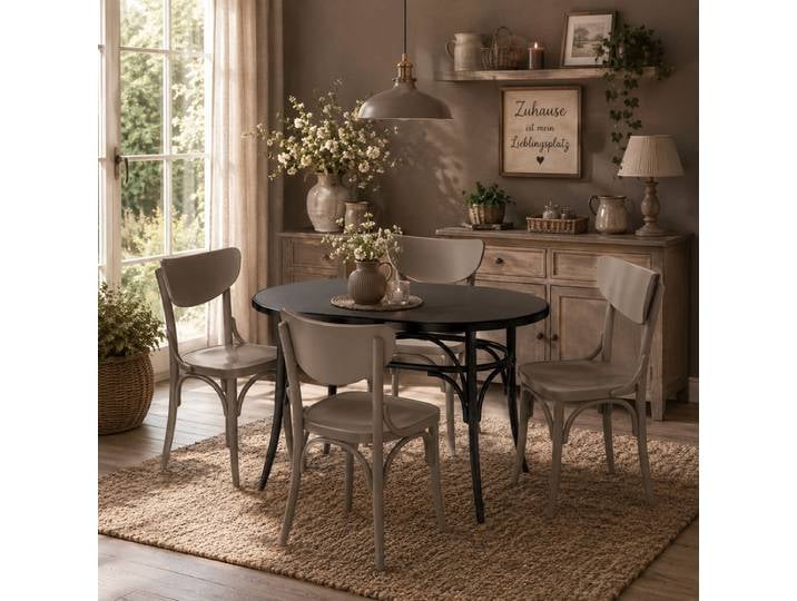 Esszimmer-Set 5-teilig mit ovalem Esstisch und 4 Holzstühlen, schwarz/braun