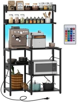 Costway Kitchen Bakers Rack with Power Outlet 5-Tier Microwave Oven Stand with LED Lights-Black