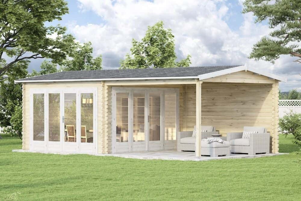 Alpholz Gartenhaus Freiburg-44 aus naturbelassenem Holz 755 x 399 cm mit 44 mm Wandstärke, Terrasse und zwei Falttüren