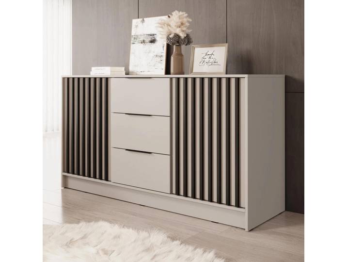 Kommode Stilo Kaschmir Beige mit Lamellen – 155 cm, 2 Türen, 3 Schubladen, Trend Sideboard