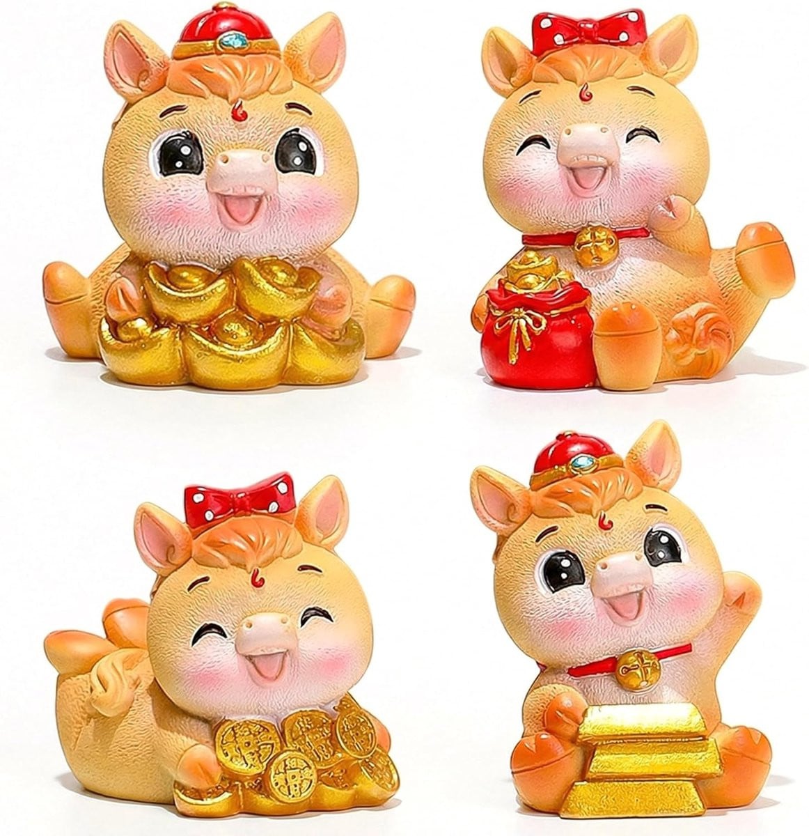 Set van 4 gouden paarden beeldjes van premium hars voor feestelijke decoratie
