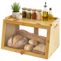 Relaxdays Brotkasten Bambus Klappe & Schiebetür Hellbraun